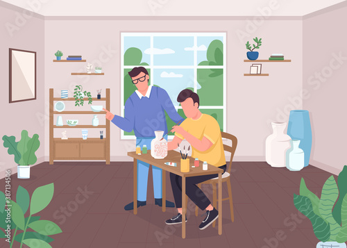 Pottery class flat color vector illustration. Craftsman paint vase. Creative hobby. Artist workshop. Art teacher and student 2D cartoon characters with classroom interior on background