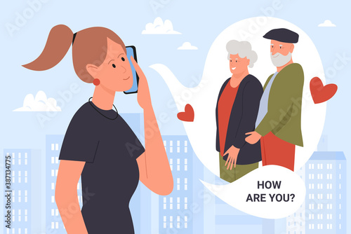 Family happy call vector illustration. Cartoon young girl calling parents during city walk, holding phone in hand, talking with smiling grandfather and grandmother, love grandparent concept background
