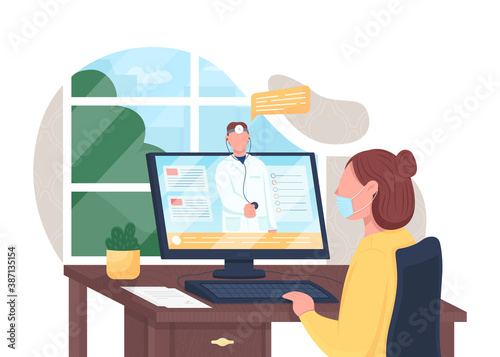 Online doctor consultation flat concept vector illustration. Electronic healthcare. Hospital internet support. Physician and patient 2D cartoon characters for web design. Telemedicine creative idea