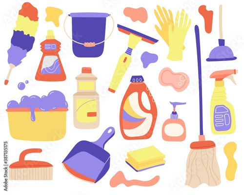 vector set of detergents and tools for cleaning the home.  equipment for housework in flat style.isolated on white background. washing and hygiene.