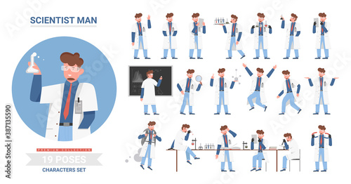 Scientist man poses vector illustration set. Cartoon male character working in scientific research laboratory, holding lab flask tube, model of atom, science work posture collection isolated on white