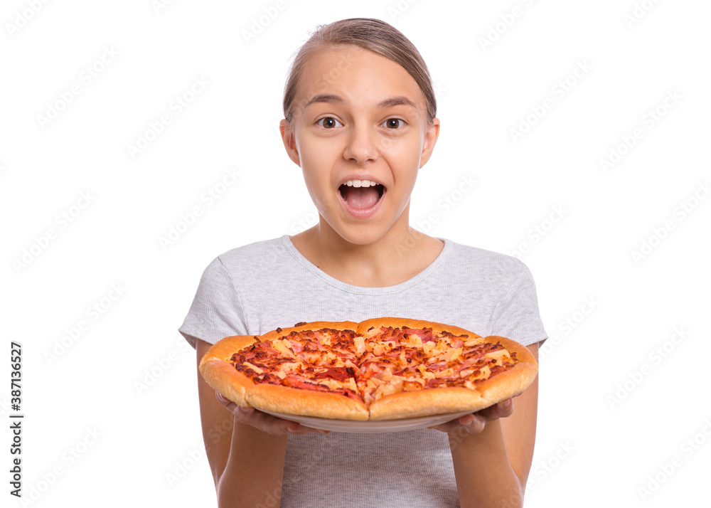 Happy beautiful teen girl holds plate with fresh pizza, isolated on white background Happy beautiful teen girl holds plate with fresh pizza, isolated on white background