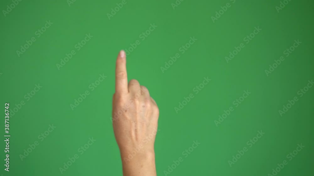 Gestures pack. Female hand touching, clicking, tapping, sliding, dragging and swiping on chroma key green screen background. Alpha Channel. Using a smartphone, tablet pc or a touchscreen.