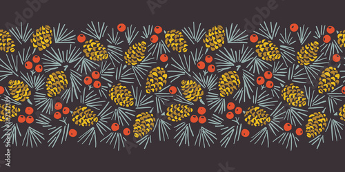 Hand Drawn Abstract Christmas Pin Cone, Red Berries, Fir Tree Foliage Horizontal Vector Seamless Pattern Border on Dark Background. Modern Winter Linocut Holiday Print for Invitations, Gift Paper