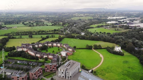 Aerial View, University of Limerick Buildings Campus, Green Landscape of Ireland on Cloudy Summer Day, Drone Shot photo