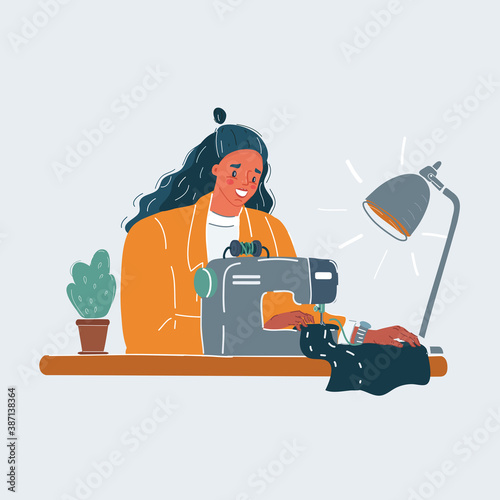 Vector illustration of creative woman using sewing machine on white background.