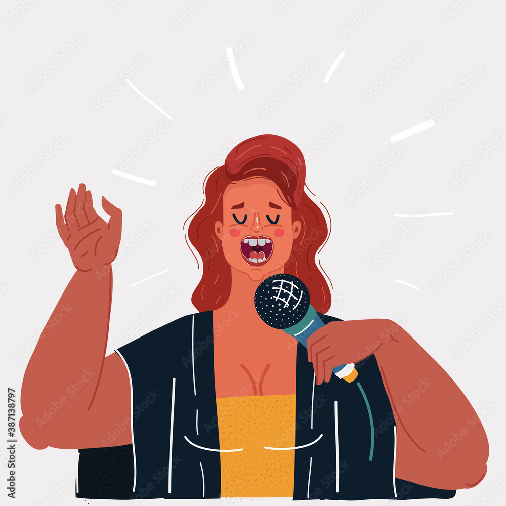 Εκτύπωση καμβά Vector illustration of woman singing to the microphone, isolated on dark night bakground