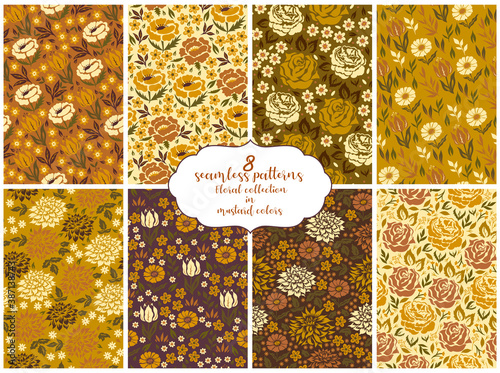 8 seamless patterns Floral collection in mustard colors. Vector graphics.