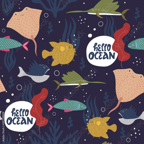 Underwater world seamless pattern. Underwater sea world dwellers, flora and fauna elements. Fairytale kid textile, wrapping paper, background. Vector hand drawn illustration.
