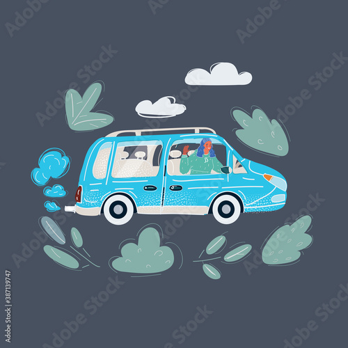 Vector illustration of car driver woman smiling and drive her car on dark background.