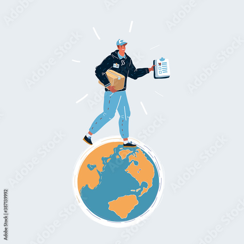 Vector illustration of male courier delivering a parcel. International delivery. Man with packing in his hands on white background.