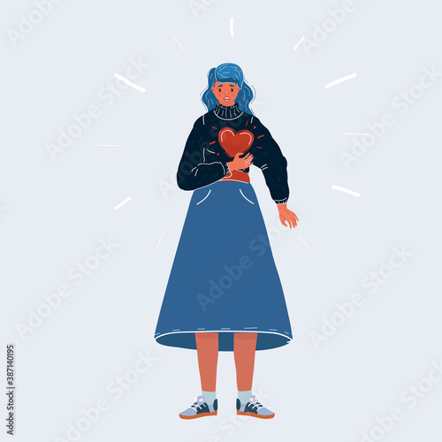 Vector illustration of full-length woman with heartache or panic attack. Stress, doctor visits needing, illness heart, anxiety disorder on white background.