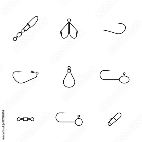 Set of different spinning fishing accessories and tackles, vector illustration.