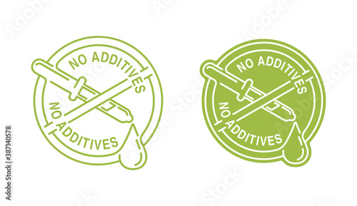 No additives thin line sign - crossed out eyedropper with harmful preservatives liquid inside - isolated vector icon for healthy food and cosmetics products packaging 