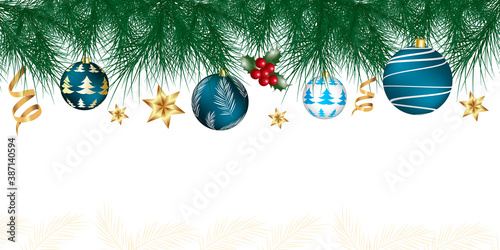 Merry Christmas and Happy New Year greeting card with festive Christmas balls and gifts. Vector holiday illustration