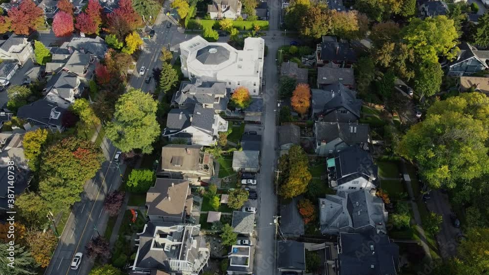 Top down view of Vancouver houses with green, orange and red trees on sunny day Top down view of Vancouver houses with green, orange and red trees on sunny day