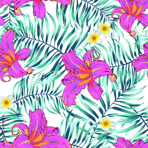 Tropical seamless floral pattern. Pattern with palm leaves. Seamless patterns with orchids and plumeria. For printing on textiles