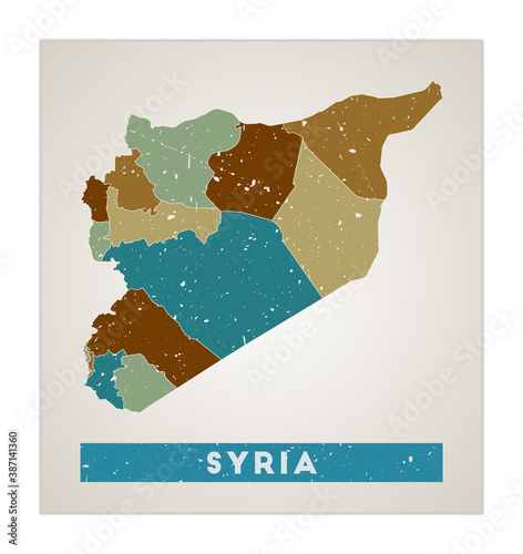 Syria map. Country poster with regions. Old grunge texture. Shape of Syria with country name. Trendy vector illustration.