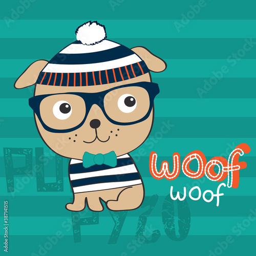 cute dog with cap and glasses vector illustration