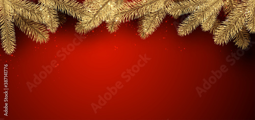 Golden spruce branches with shiny lights.