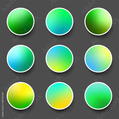 Set of rounded holographic gradient sphere buttons.