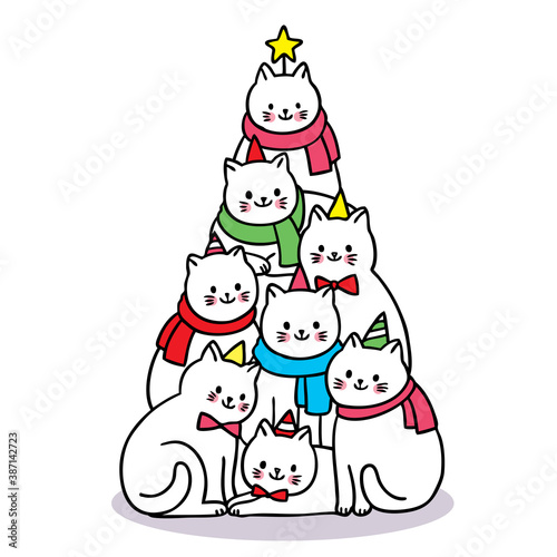 Hand draw cartoon cute Merry Christmas, cats like tree christmas vector.