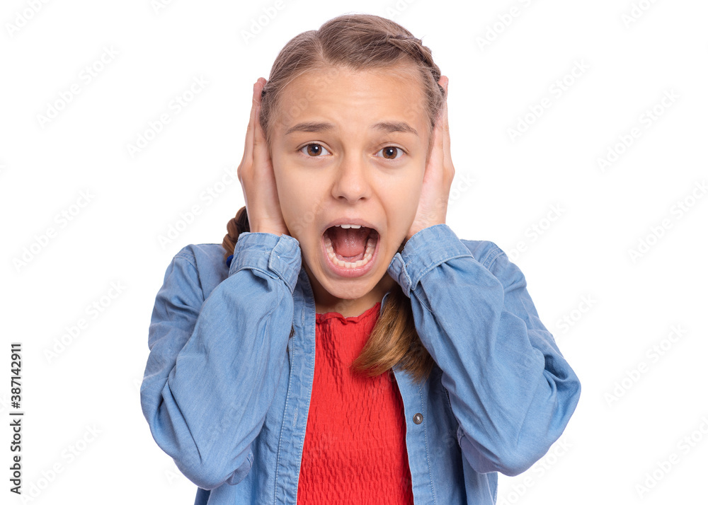 Emotional portrait of scared girl teenager, isolated on white background Emotional portrait of scared girl teenager, isolated on white background