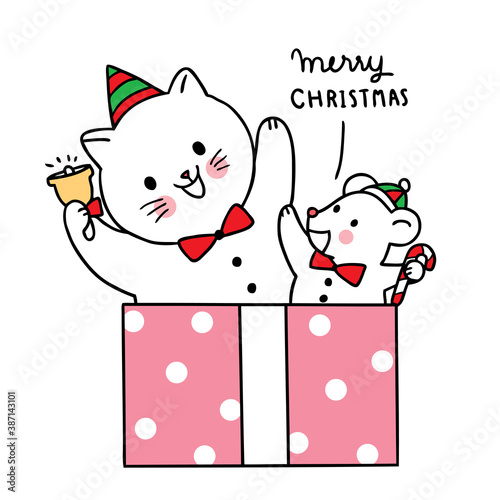 Hand draw cartoon cute Merry Christmas, Cat and moues in big gift box vector. photo