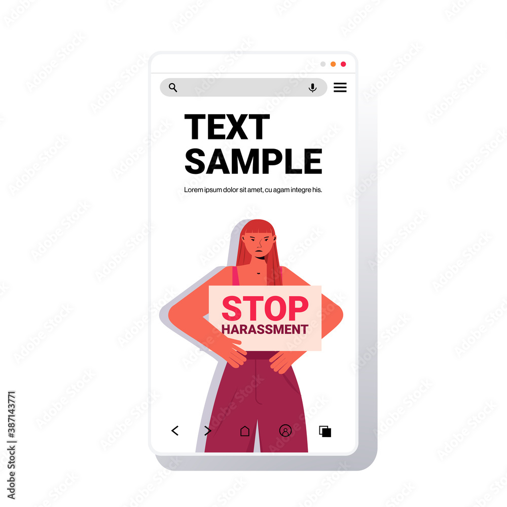 unhappy girl holding sign stop harassment and abuse no sexual violence concept smartphone screen portrait copy space vector illustration