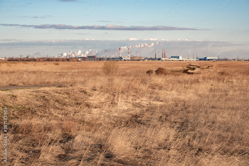 dry yellow grass on the background of smoky chimneys of factories