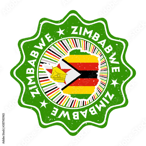 Zimbabwe round grunge stamp with country map and country flag. Vintage badge with circular text and stars, vector illustration.