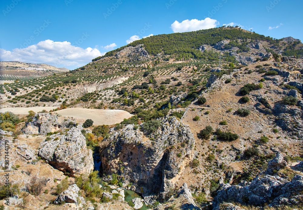 Formación rocosa en el paisaje fondo montañoso con vegetación 