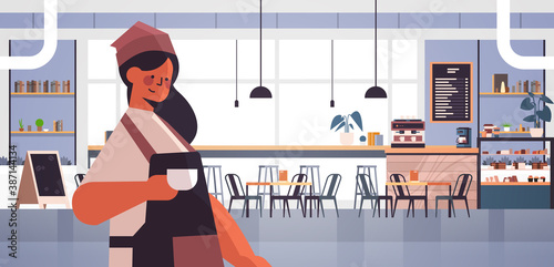 female barista in uniform working in coffee house waitress in apron serving coffee modern cafe interior horizontal portrait vector illustration