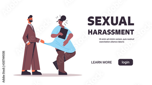 businessman molesting female employee sexual harassment at work concept lustful boss touching secretary's dress horizontal full length copy space vector illustration