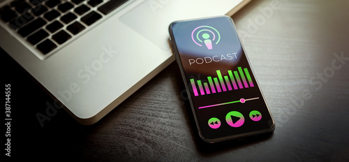 Podcast Radio Streaming Mobile application interface. Interviews, audio and music, news. Listening to Podcasting Radio Services on smartphone. Podcast microphone icon with equalizer and play bar icons