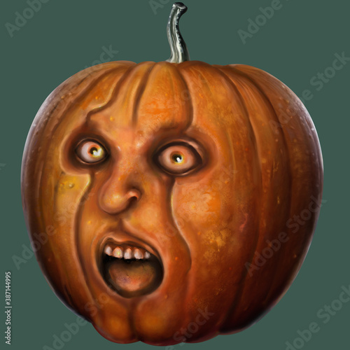 Scared face pumpkin/ Illustration isolated frightened pumpkin with a human face. Digital painting