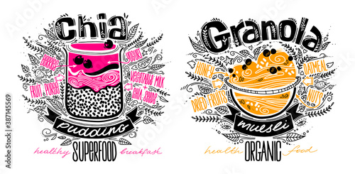 vector set of chia pudding and granola in doodle style with lettering on white. healthy food concept lifestyle. chia seeds smoothie, muesli recipes.