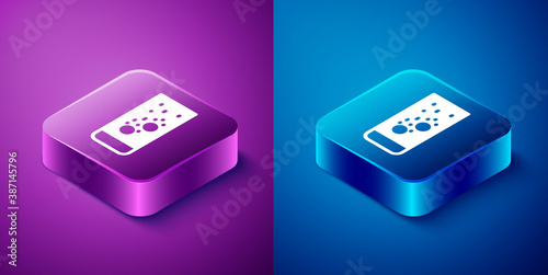 Isometric Effervescent aspirin tablets dissolve in a glass of water icon isolated on blue and purple background. Square button. Vector Illustration.