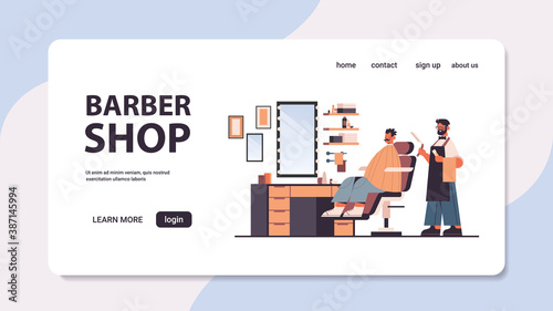 stylish hairdresser cutting hair of client male barber in uniform trendy haircut barbershop concept full length horizontal copy space vector illustration