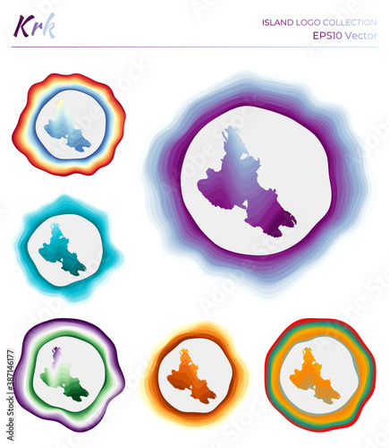Krk logo collection. Colorful logo of the island. Unique layered dynamic frames around Krk border shape. Vector illustration.