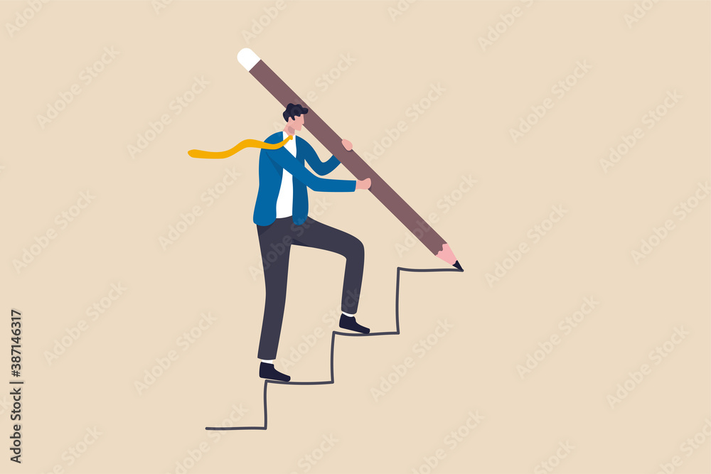 Business development successful, strategy to reach business target or career path achievement concept, smart businessman use huge pencil to draw rising up staircase and walk climbing up ladder.