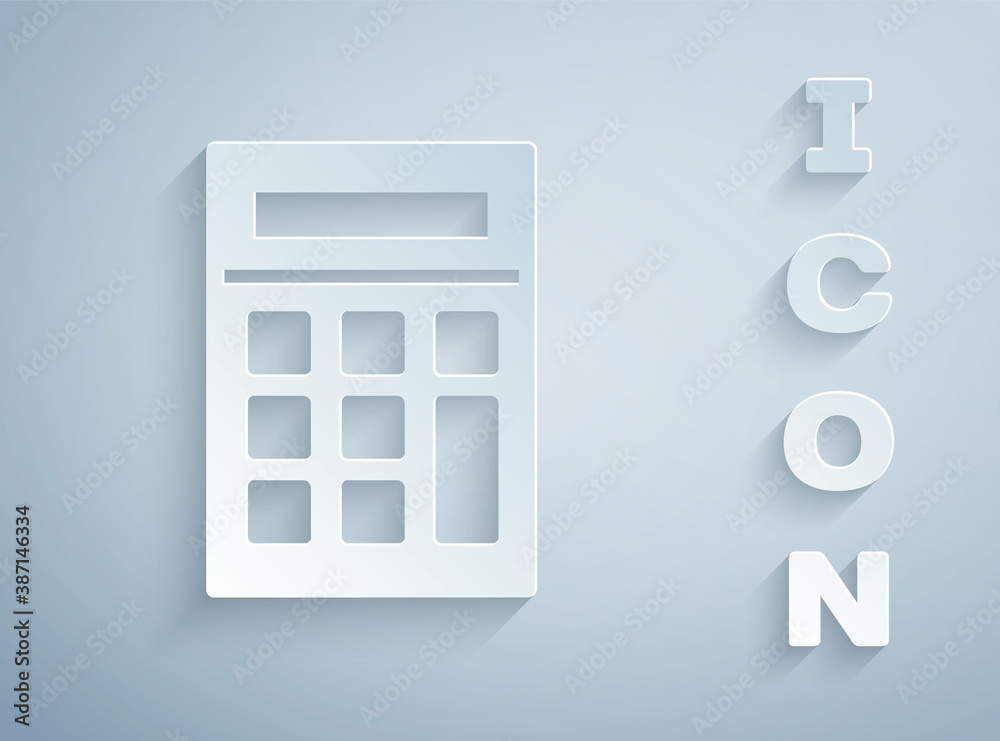 Paper cut Calculator icon isolated on grey background. Accounting symbol. Business calculations mathematics education and finance. Paper art style. Vector Illustration. Paper cut Calculator icon isolated on grey background. Accounting symbol. Business calculations mathematics education and finance. Paper art style. Vector Illustration.