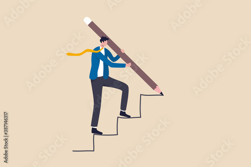 Business development successful, strategy to reach business target or career path achievement concept, smart businessman use huge pencil to draw rising up staircase and walk climbing up ladder. photo