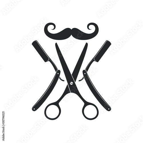Barber shop logo template. Moustache and barber tools graphic sign isolated on white background. Barbershop emblem template. Vector illustration