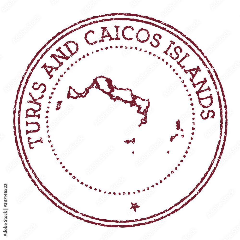 Turks and Caicos Islands round rubber stamp with island map. Vintage red passport stamp with circular text and stars, vector illustration. Turks and Caicos Islands round rubber stamp with island map. Vintage red passport stamp with circular text and stars, vector illustration.