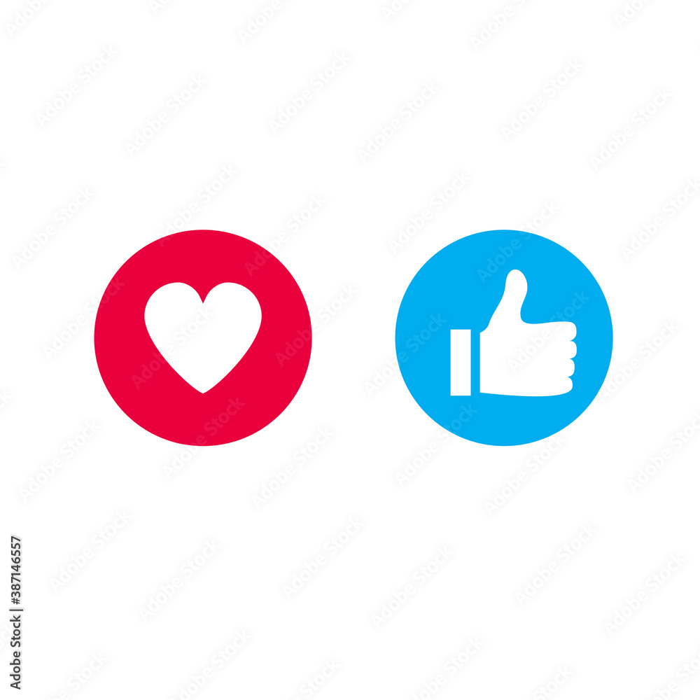 Thumbs up and heart icons isolated on white background. Trendy thumbs up and heart icons in flat style. Template for web site, internet, app, ui and logo. Button like vector