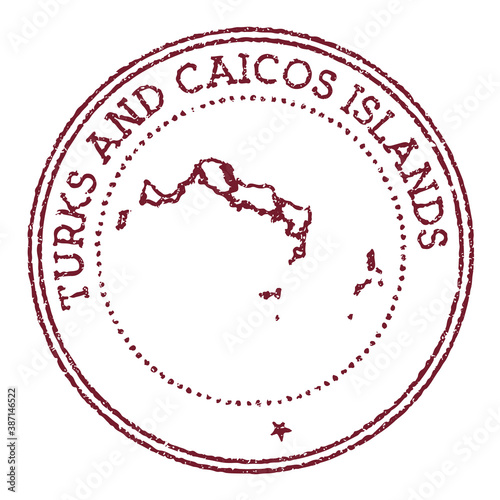 Turks and Caicos Islands round rubber stamp with island map. Vintage red passport stamp with circular text and stars, vector illustration.