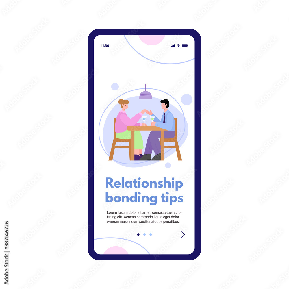 Page template of app for mobile phone with relationship bonding tips. Young couple together sitting in cafe at table and holding hands. Romantic date. Vector flat illustration. Page template of app for mobile phone with relationship bonding tips. Young couple together sitting in cafe at table and holding hands. Romantic date. Vector flat illustration.