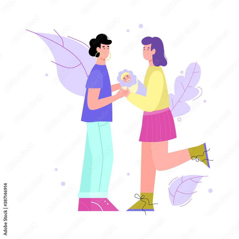 Lesbian couple had a baby. Happy same-sex parents hold a newborn in their arms. Non-traditional LGBT family, parenthood, child care. Flat cartoon vector illustration.