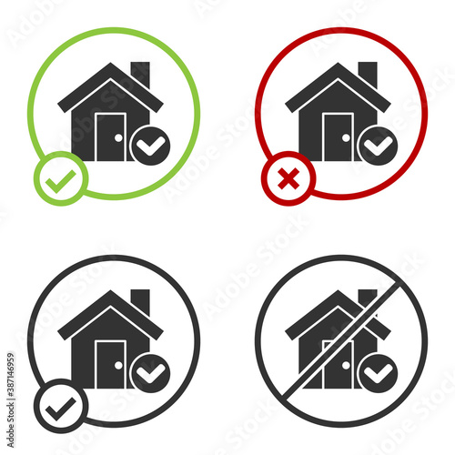 Black House with check mark icon isolated on white background. Real estate agency or cottage town elite class. Circle button. Vector Illustration. © Kostiantyn